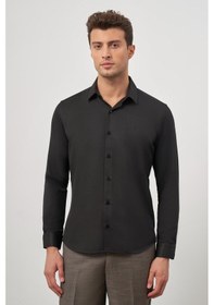Resim İmza Siyah Uzun Kol Kendinden Desenli Armürlü 032 Sert Yaka Classic Slim Fit Gömlek 1004245152 Siyah 