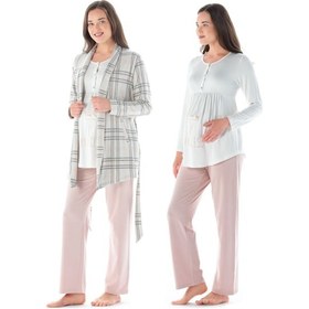 Resim Kadın Uzun Kol Balık Sırtı 3 Lü Lohusa Pijama Takımı Pembe 