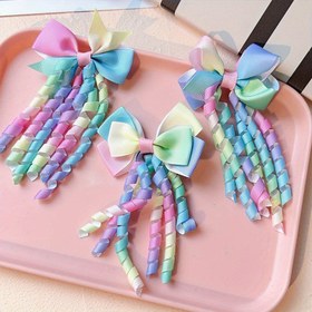 Resim 2 Adet Gökkuşağı Kıvırcık Püskül Saç Tokası - Pastel Tie-Dye Gradyan Kurdeleli Saç Tokaları, Hafif Yaylı Klipsler Kadınlar ve Kızlar İçin, Tüm Mevsimlerde Kullanılabilir Şık Aksesuar & Hediye Fikri, Sevimli Saç Tokaları, Eğlenceli Tarz, Sağlam Tutuş, Moda Severler, Pürüzsüz Yüzey, Genç Modası 