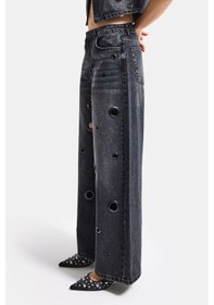 Resim Itsbasic Kadın Koyu Füme 2s6-1 Baggy Fit Kuş Gözü Tasarım Denim Jean 