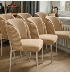 Resim Msy Home 6 Kişilik Aura Krom Serisi İroni Lake Oval Yemek Masası Ve Puffy Cappuccino Sandalye Takımı Modern Cappuccino 