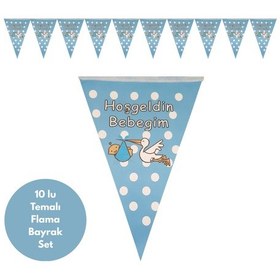 Resim Hoş Geldin Bebeğim Leylekli Mavi Flama Bayrak Set Süs Tüm Yaşlar 