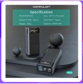 Resim Teknoparkta Konfulon 40.000 Mah Powerbank 40000 Mah A21S LED Göstergeli Taşınabilir Şarj Aleti Pd Type C Şarj 