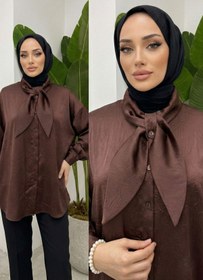 Resim adamila Kadın Kahve Fiyonk Detaylı Saten Oversize Tesettür Tunik Gömlek Uzun Kollu Şık Günlük Trend Tunik 