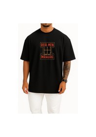 Resim Bahriyeli Collection Oversize Gerçek Adamlar Manuel Araba Kullanır Göğüs Tasarımlı Unisex T-shirt Siyah 