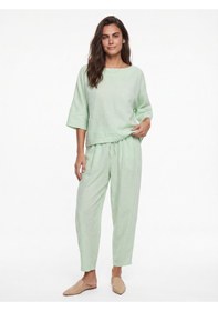 Resim Onloox Kadın Yeşil Su Yeşili Kayık Yaka Yarım Kol Beli Lastikli Şalvar PantolAlt Üst Takım Outfit Sets 