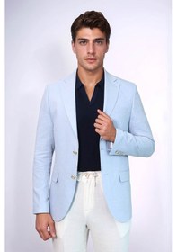 Resim Açık Mavi Keten Dokulu Gold Renk Metal Düğmeli Slim Fit Erkek Blazer Ceket - Wessi Blue 