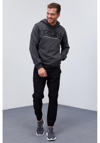 Resim Tommy Life Antrasit Melanj Yazı Nakışlı Standart Kalıp Kapüşonlu Erkek Sweatshirt - 87887 Antrasit Melanj 