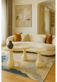 Resim Krem Renk Ahşap Mantar Sehpa Seti 3 Lü Modern Fiskos Takımı - Coffee Table Bej 