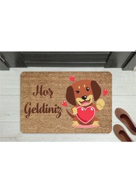 Resim Hoş Geldiniz Yazılı Köpek Figürlü Kapı Önü Paspası Dekoratif Kaymaz Taban Gri 