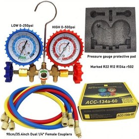 Resim Meridiangoods Jfb25 R22 R12 R134a R502 Soğutucu Manifold Basınç Göstergesi Çift Göstergeli Set 3 Renk Hortumlu 
