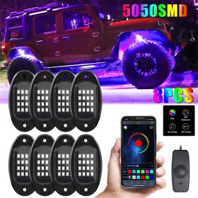 Resim 8 Pod Rgb LED Kaya Işıkları Kiti Alt Aydınlatmalı Çok Renkli Neon Işık Pod'u Bluetooth Uygulama Kontrolü ile Kamyon, Atv, Utv, Suv Için (Yurt Dışından) 