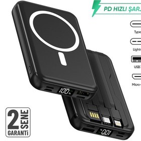 Resim 10.000 Mah Kablosuz Hızlı Şarjlı Magsafe Powerbank Led Ekranlı Dahili Kablolu Powerbank Siyah 