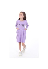 Resim Toontoy Kız Çocuk Baskılı Relax Fit Bisiklet Yaka Uzun Kollu Cepli Elbise - Lila 