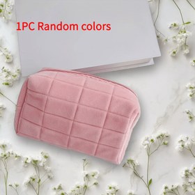 Resim 1 adet Rastgele Renk Büyük Kapasiteli Seyahat Makyaj Çantası - Yumuşak Pembe ve Gökyüzü Mavisi Desenli Quilted Kozmetik Organizatör, Erkekler ve Kadınlar için Uygun, Kokusuz Saklama Çantası ile Çizgili Kurdele Tasarımı 