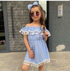 Resim Kız Çocuk Güpürlü Ekose Elbise (554875179) Beyaz - Mavi 