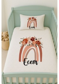 Resim %100 Pamuk İsme Özel İsimli 100x150 Cm Pike Seti Güllü Gökkuşağı 