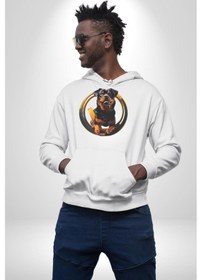 Resim Süper Tasma Rottweiler Eğitim Kadın Erkek Beyaz Kapüşonlu Sweatshirt Hoodie Beyaz 