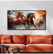 Resim Yağlı Boya Dokulu Tablo Koşan Kahverengi Atlar Siyah Çerçeveli U04002-178916 