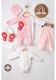 Resim Kelebek Nakışlı Puanlı Tulumlu % 100 Pamuk Kız Bebek 5'li Set Pembe 