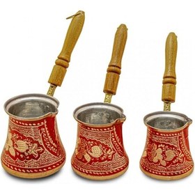 Resim Bakır Cezve Özel İşlemeli Kırmızı 3'lü Set 