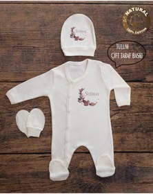 Resim yzc home size dair... K108 T Ekru Renk Isme Özel Isimli Baskılı Bebek Tulum Şapka Eldiven Set Hastane Çıkışı 