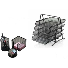 Resim METAL EVRAK RAFI 4 KATLI SİYAH VE KALEMLİK SETİ 