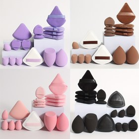 Resim 16 Parça Makyaj Seti, 2 Çiçek Şeker Puf & 4 Toz Puf & 4 Mini Air Cushion Puf & 2 Makyaj Süngeri & 4 Mini Beauty Blender. Sıvı ve Krem Fondötenler için Çok Renkli Latexsiz Nem/Kuru Kullanım Fondöten Uygulayıcı, Tüm Açık Bej Tonlarına Uygun 