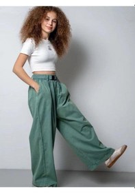 Resim Zekids Kız Çocuk Kemerli Geniş Paça Gabardin Pantolon-15802 Yeşil 