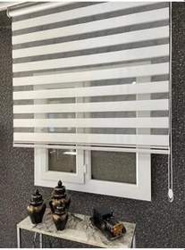 Resim Geniş Pliseli Zebra Stor Perde Eteği Dilimli (Alüminyum Kasa+Metal Ayak ekrugplise, Beyaz, 220 x 260 