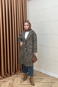 Resim Leopar Desen Kaşe Kaban Kahverengi 2033-KAHVERENGI - 2 Beden 