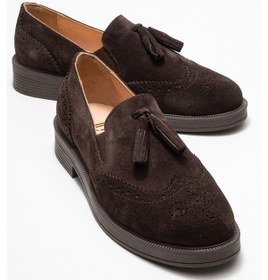 Resim Luvishoes Luvi Shoes Alex Kahverengi Süet Hakiki Deri Püsküllü Lastikli Kadın Loafer Ayakkabı Kahve Süet 