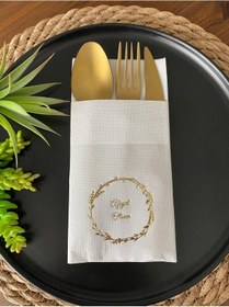 Resim Gold Yaldızlı Beyaz Çelenkli Afiyet Olsun Cepli Peçete 12 Lı 40x40 