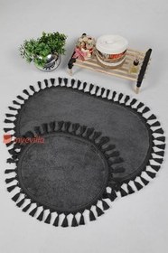 Resim My Evilla Modern Simirna Dekoratif Peluş Oval 60x100-50x60 Ponpon Saçaklı Klozet Takımı Antrasit 