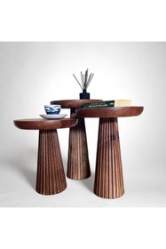 Resim Simillo Home&Living Wood Wooden 3’lü Set Fitilli Mantar Yan Sehpa Modern Koyu Ceviz Renk Fiskos 