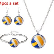 Resim 4 Parça Demir Alaşım Takı Seti: 1 Kolye, 1 Bileklik, 1 Çift Küpe - Mavi, Sarı ve Beyaz Renklerde Canlı Voleybol Tasarımı. Spor ve Yarışmalar İçin Temel, Dayanıklı Profesyonel Kalite ile Şık Moda Desenler. Noel veya Parti Etkinlikleri İçin Mükemmel Hediye 