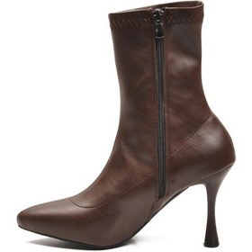 Resim Kahve Kadın Polarlı Fermuarlı İnce Topuklu Bot 2614 Z Kahve 