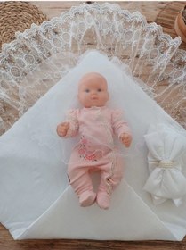 Resim Yenidoğan Yakamoz Kumru Model Dantelli Taşlı Fiyonk Bebek Battaniyesi Kundak Ekru Çok Renkli 