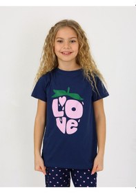 Resim Kız Çocuk Kısa Kollu %100 Pamuklu Pijama Takımı Cute Love Lacivert 