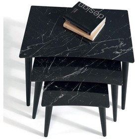 Resim 3'Lü Siyah Mermer Dikdörtgen Ahşap Zigon Sehpa E4 