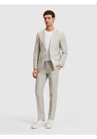 Resim Cacharel Açık Gri Slim Fit Yün Keten Karışımlı Mikro Desen Mono Yaka Takım Elbise 