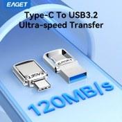 Resim EAGET Mini USB3.2 Flash Sürücü, Hem USB Type-C Hem de USB-A Bağlantılarını Özellikliyor ve 120Mb/S'ye Kadar Okuma Hızları Sunuyor. Bu Yüksek Hızlı USB Bellek Çubuğu, Iphone 16/15, Bilgisayarlar, Dizüstü Bilgisayarlar, Projeksiyonlar ve Araçlar ile Uyumlu Olarak Kolay Kullanım Sağlıyor. 32GB, 64GB, 128GB ve 256GB Kapasitelerde Mevcut. 