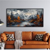 Resim Yağlı Boya Dokulu Tablo Modern Karlı Doğan Manzarası Siyah Çerçeveli U06021-178986 