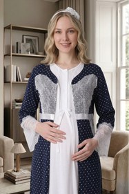 Resim Lohusa Homewear Yeni Sezon Lacivert Ekru Hamile Puantiyeli Yazlık Tam Boy Şık Dantelli Kısa Kol Sabahlık Gecelik Set 