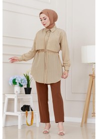Resim Sevitli Beli Bağcıklı Allerli Taşlı Tunik-bej-5219 Bej 
