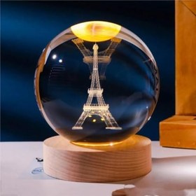 Resim Eyfel Kristal Cam Küre 8cm Led Işıklı Usb Kablolu Ahşap Stantlı Gece Lambası 