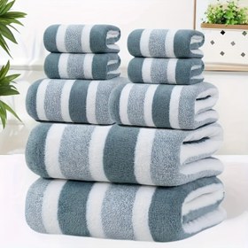Resim 8 parça dizi dökülmeyen süper emici ve ultra-yumuşak beş yıldızlı otel standartı iki renkli çizgili aralıklı banyo havlusu seti, içerir: 2 büyük banyo havlusu, 2 büyük yüz havlusu ve 4 el havlusu 
