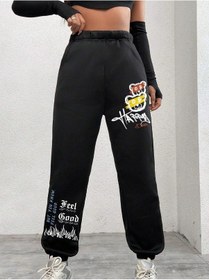 Resim Happy Bear Eşofman Altı Jogger - Siyah Baskılı Lastik Paça Yüksek Bel Siyah 