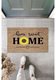 Resim Bej Kapı Önü Paspası Home Sweet Home Papatyalı Desen K-3342 