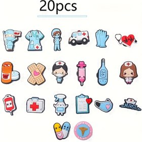 Resim 20 Adet Doktor & Hemşire Temalı Ayakkabı Süsleri Seti - Çıkarılabilir PVC Karikatür Dekorasyonlar Botlar, Takı & Saatler İçin 